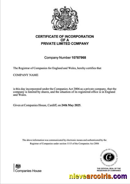 UK certificate of incorporation of a private limited company